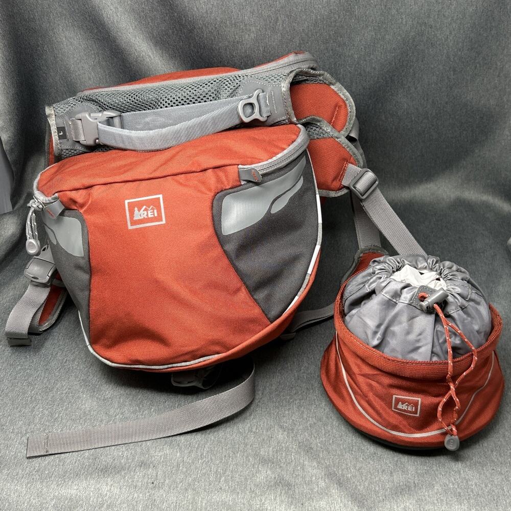 REI Dog Pack Hiking Backpack Saddlebag Harness LARGE Orange & Drawstring Tote